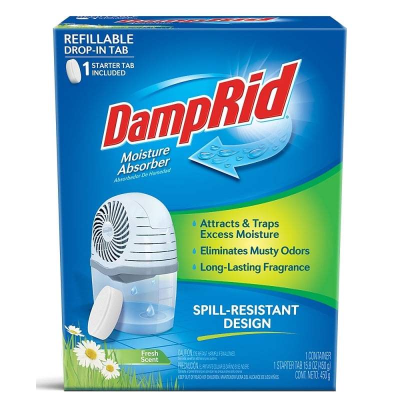 DampRid FG96FSSB Reusable Drop-In Tab Moisture Absorber Starter Kit, 15.8 oz Tablet, Solid, Fresh