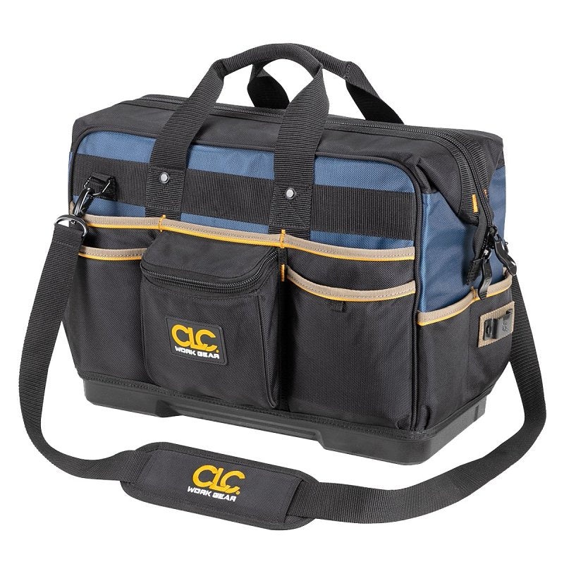CLC TOOL WORKS PB1553 Molded-Base Contractor’s Closed Top Tool Bag, 19 in W, 9 in D, 16 in H, 29-Pocket, Polyester