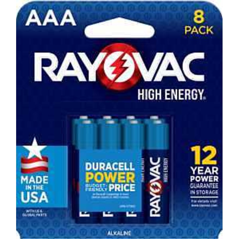 Rayovac High Energy 824-8T1 Battery, 1.5 V Battery, 1100 mAh, AAA Battery, Alkaline