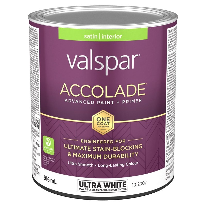 Accolade 029.1012002.005 Interior Paint and Primer, Acrylic, Satin, Ultra White, 1 qt, 37 sq-m Coverage Area