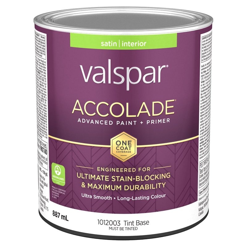 Accolade 029.1012003.005 Interior Paint and Primer, Acrylic, Satin, Tint Base, 1 qt, 37 sq-m Coverage Area