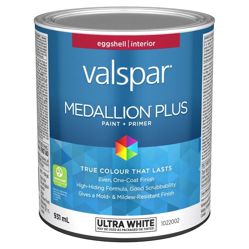 Medallion Plus 029.1022002.005 Interior Paint and Primer, Acrylic, Eggshell, Ultra White, 1 qt, 37 sq-m Coverage Area