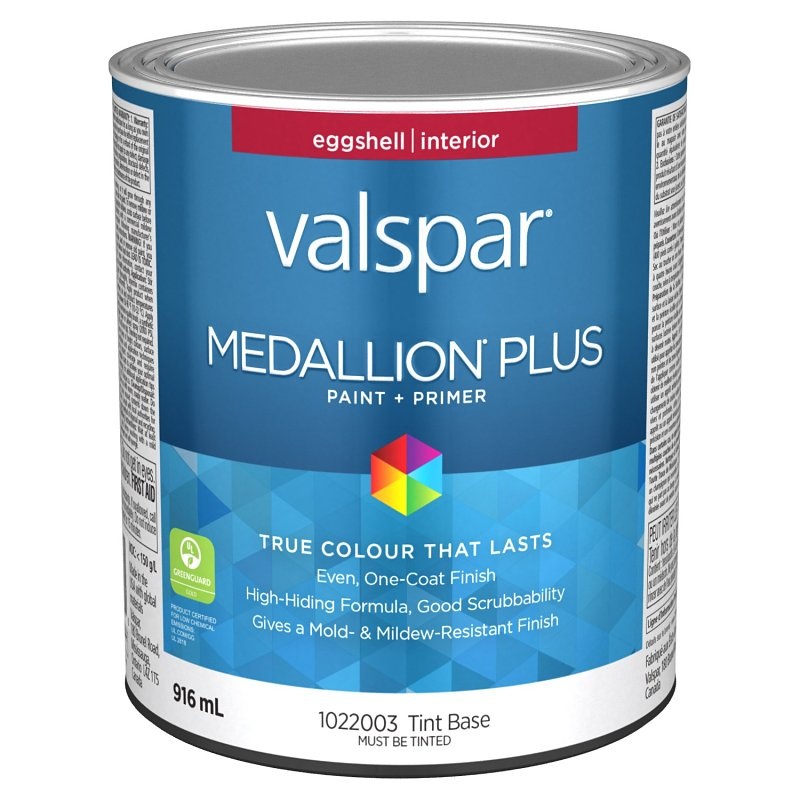 Medallion Plus 029.1022003.005 Interior Paint and Primer, Acrylic, Eggshell, Tint Base, 1 qt, 37 sq-m Coverage Area