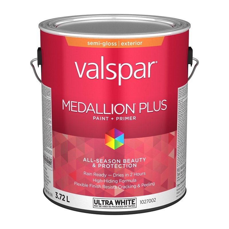 Medallion Plus 029.1027002.007 Exterior Paint and Primer, Acrylic, Semi-Gloss, Ultra White, 1 gal