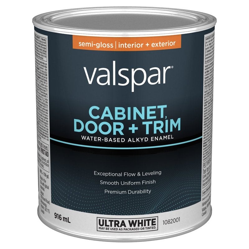 Valspar 029.1082001.005 Cabinet Door and Trim Oil Enriched Enamel, Water, Semi-Gloss, Ultra White, 1 qt
