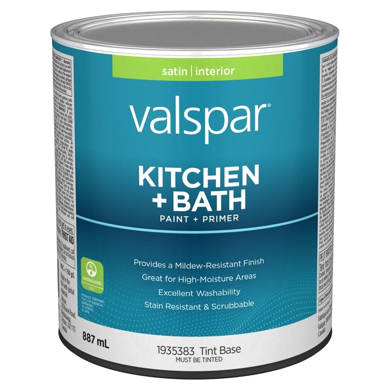 Valspar 029.1935383.005 Kitchen and Bath Interior Paint and Primer, Satin, Tint Base, 1 qt