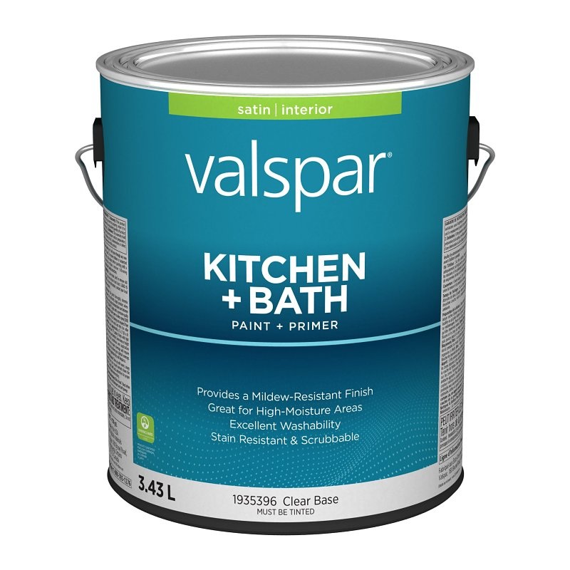 Valspar 029.1935396.007 Kitchen and Bath Interior Paint and Primer, Satin, Clear, 1 gal