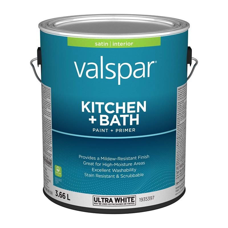 Valspar 029.1935397.007 Kitchen and Bath Interior Paint and Primer, Satin, Ultra White, 1 gal