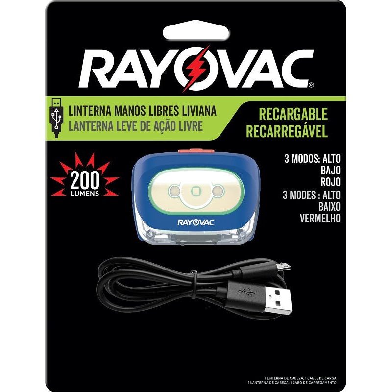 Rayovac ROVHDLLP Rechargeable Headlamp, Lithium-Ion Battery, LED Lamp, 8 hr Run Time
