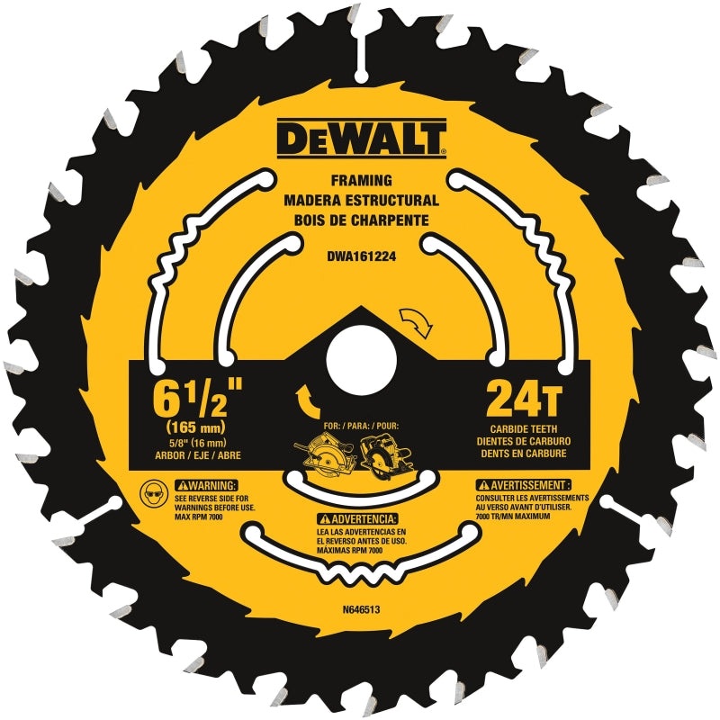 DEWALT DWA161224 Circular Saw Blade, 5/8 in Arbor, 6-1/2 in Dia, 24-Teeth, Tungsten Carbide Cutting Edge