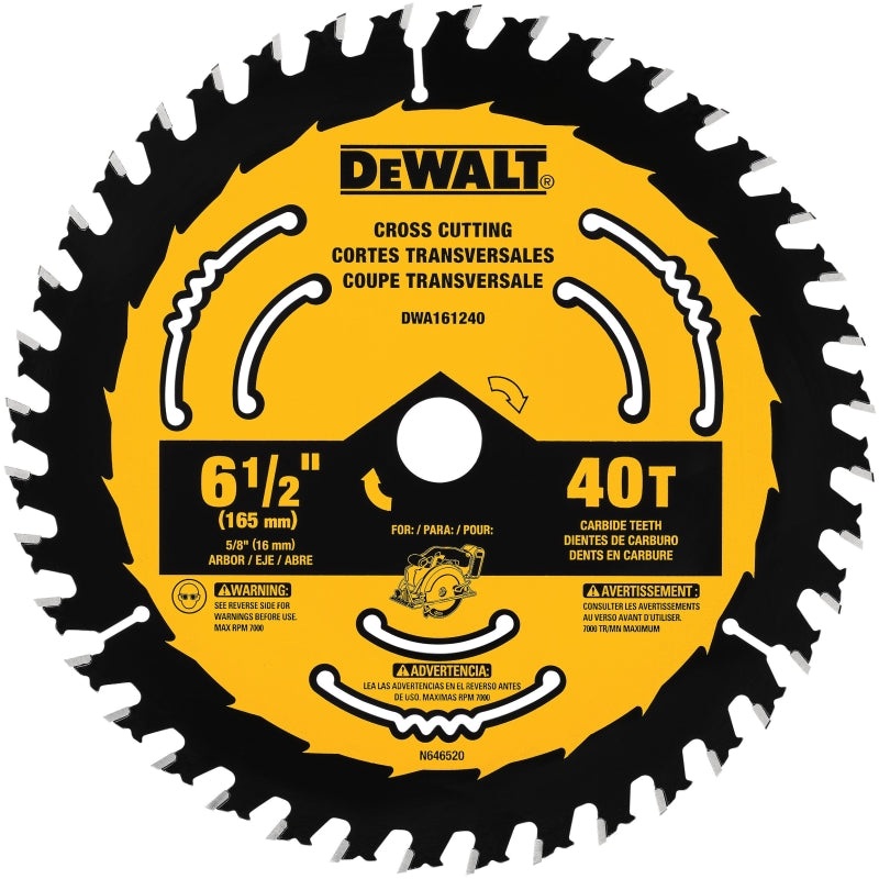 DEWALT DWA161240 Circular Saw Blade, 6-1/2 in Dia, 5/8 in Arbor, 40-Teeth