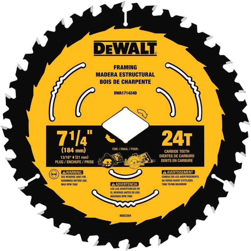DEWALT DWA171424DB10 Circular Saw Blade, 7-1/4 in Dia, 5/8 in Arbor, 24-Teeth, Tungsten Carbide Cutting Edge, 10/PK
