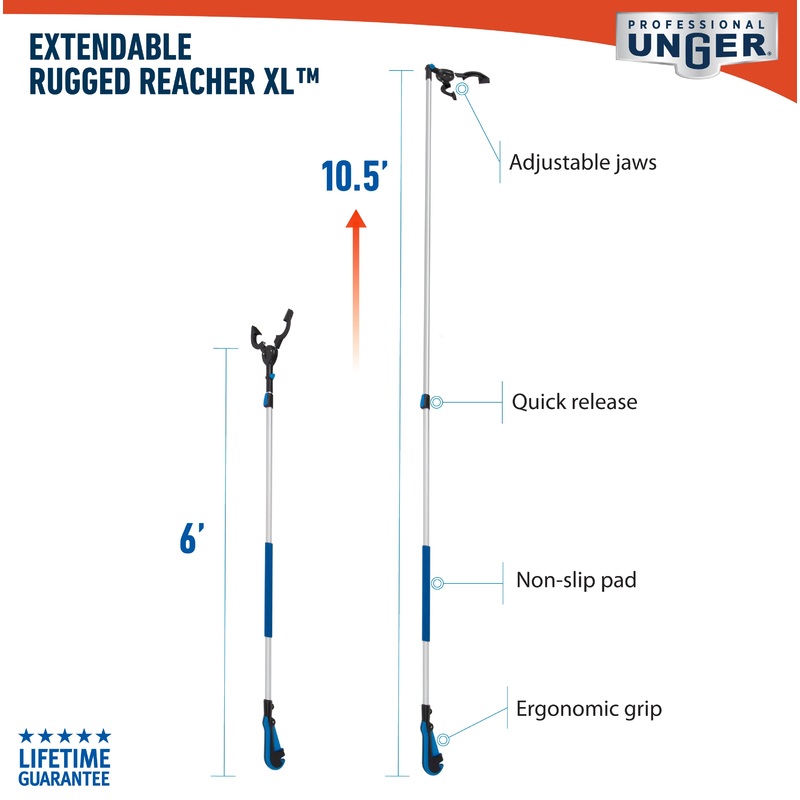 Unger Professional 981340 Rugged Reacher XL Grabber, 6 to 10.5 ft L Handle