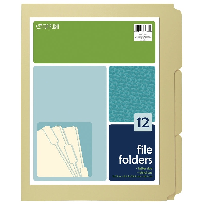 Top Flight 4611415 File Folder, 12 x 9-1/2 in Sheet, 12 Sheet, Plain Tab