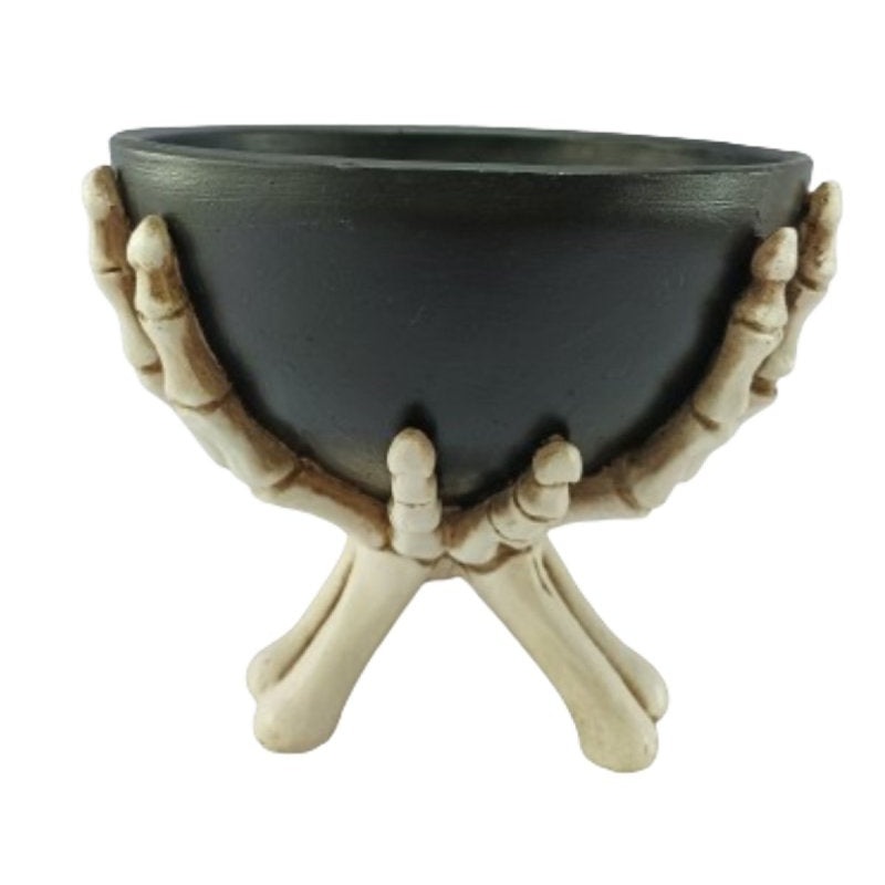 Santas Forest 89929 Skeleton Hands Holding Bowl, 7 in H, Resin, Black/White, Indoor