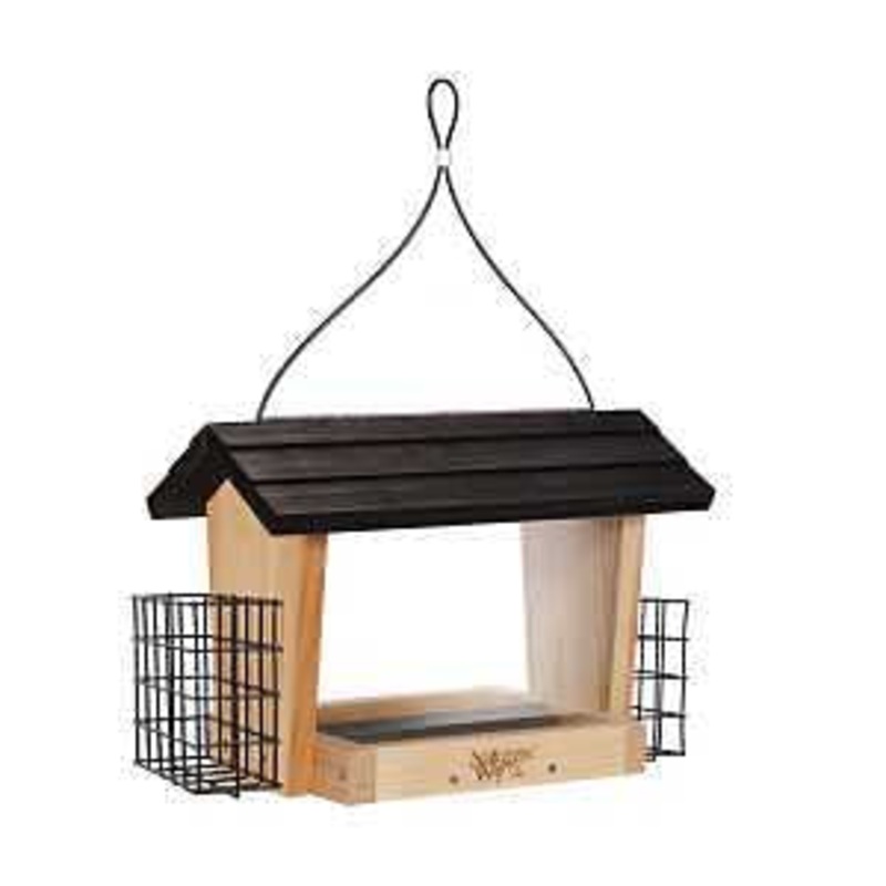 Nature’s Way CWF19 Hopper Bird Feeder, 6 qt, Mixed Seeds, Suet Cake, Sunflower Seed, 1-Port/Perch, Cedar/Steel