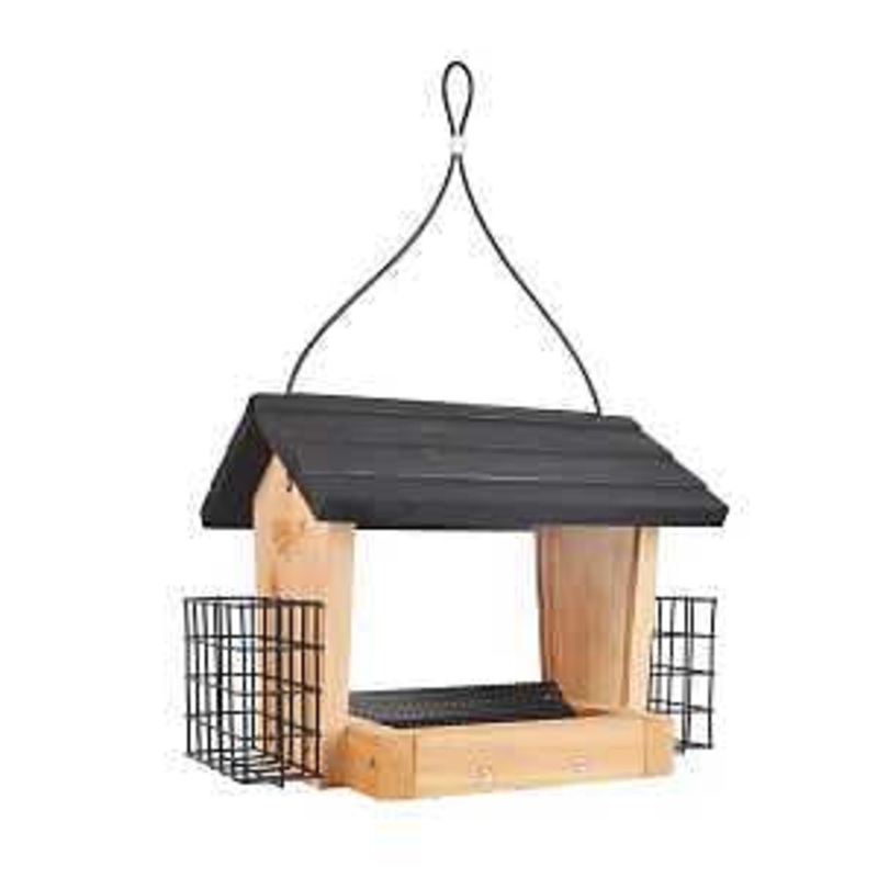 Nature’s Way CWF28 Hopper Bird Feeder, 3 qt, Mixed Seeds, Suet Cake, Sunflower Seed, Cedar/Steel, Clear, 10 in H