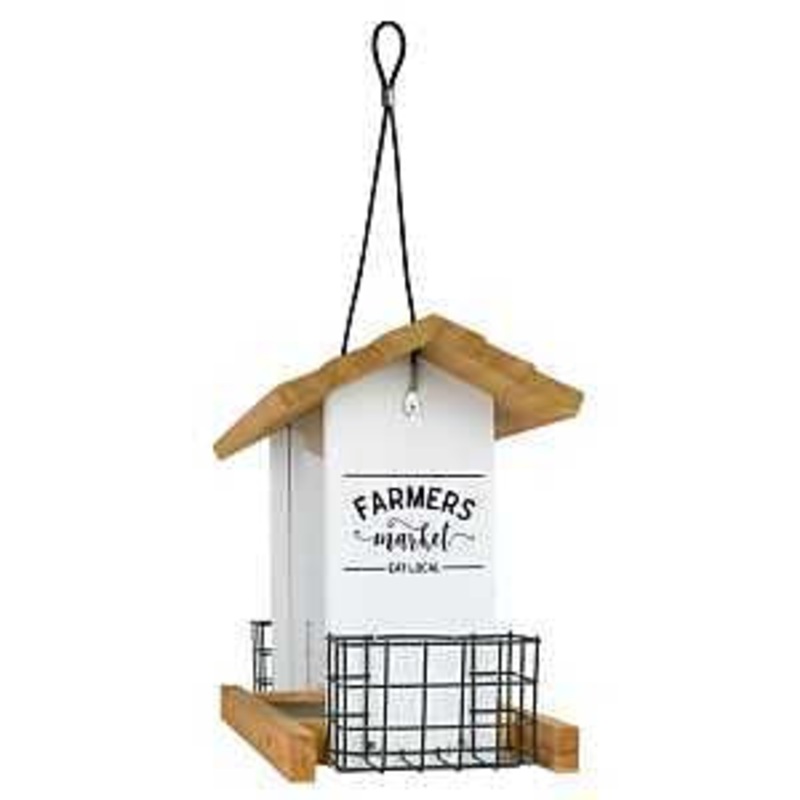 Nature’s Way WWLF2-DECO Farmhouse Hopper Feeder, 3 qt Seed, 2 Suet Cakes, Mixed, Suet Cake, Sunflower, Cedar