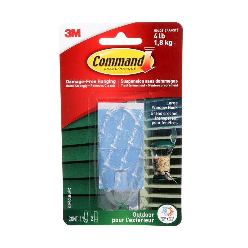 Command 17093CLR-AWC Window Hook, 1.251 in L x 3.875 in W x 6.75 in H Dimensions, 4 lb, 1-Hook, Plastic, Clear
