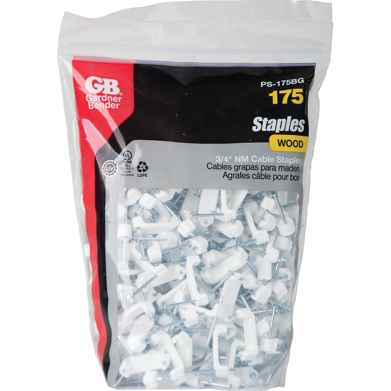 Gardner Bender PS-175BG/J Cable Staple, 3/4 in W Crown, 1-1/4 in L Leg, Plastic/Polyethylene, 175 BAG