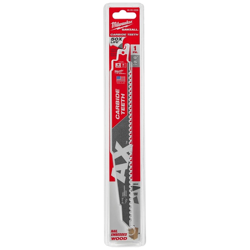 Milwaukee 48-00-5226 Reciprocating Saw Blade, 9 in L, 5 TPI, Carbide Cutting Edge
