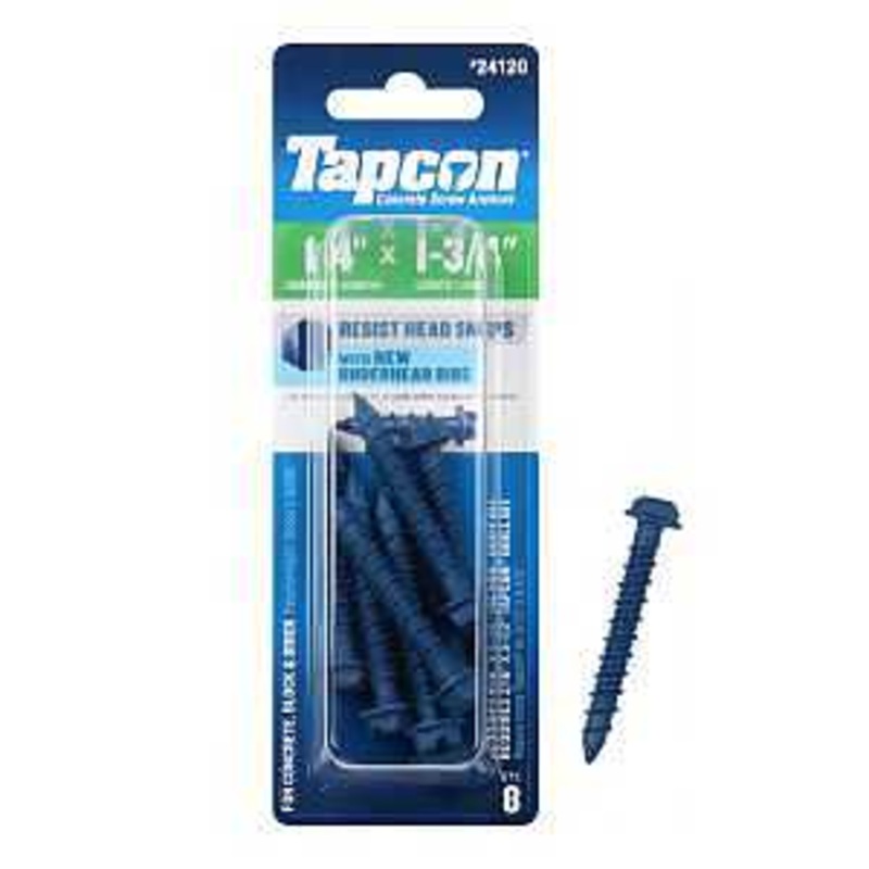 Tapcon 24120 Concrete Screw Anchor, 1/4 in Dia, 1-3/4 in L, Hex Head, Steel, Climaseal, 8/PK