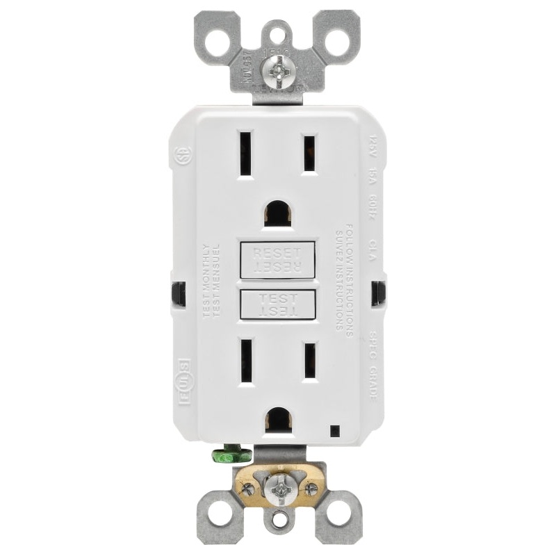 Leviton R02-GFNT1-0KW GFCI Duplex Receptacle, Polycarbonate, White, 2-Pole, 15 A, 3-Wire, Back, Side Wiring