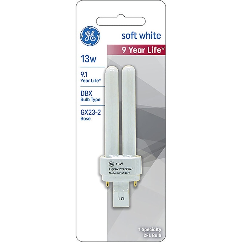 GE 13578 Fluorescent Tube, 13 W, T4 Lamp, GX23-2 Lamp Base, 810 Lumens, 2700 K Color Temp, Soft White Light