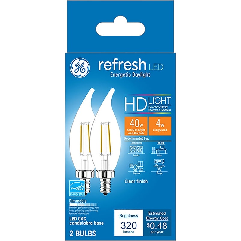 GE 31425 LED Bulb, General Purpose, 40 W Equivalent, E12 Lamp Base, Dimmable, Clear, Daylight Light, 5000 K Color Temp