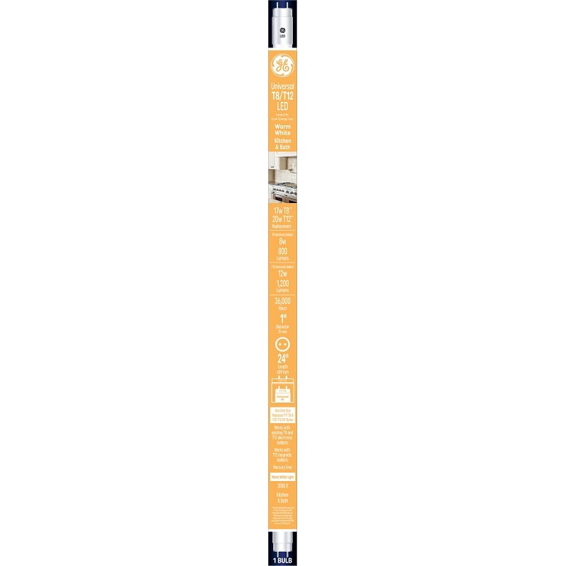 GE 37136 LED Tube Light Bulb, Specialty, T8 Lamp, Bi-Pin Lamp Base, Clear, Warm White Light, 3000 K Color Temp