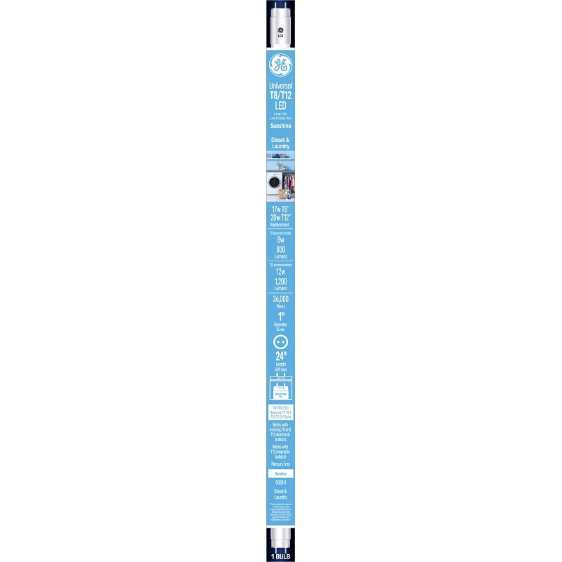 GE 37156 LED Tube Light Bulb, Specialty, T8 Lamp, Bi-Pin Lamp Base, Clear, Daylight Light, 5000 K Color Temp