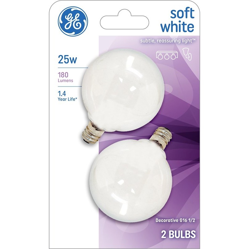 GE 44412 Light Bulb, 25 W, G16.5 Lamp, E12 Candelabra Lamp Base, 180 Lumens, 2500 K Color Temp, Soft White Light