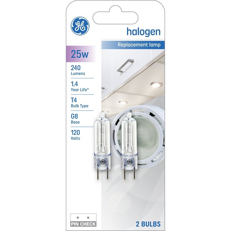 GE 84886 Halogen Bulb, 25 W, G8 Bi-Pin Lamp Base, T4 Lamp, 1500 hr Average Life
