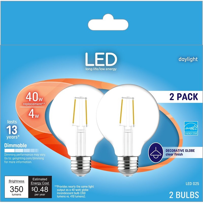 GE Industrial Solutions 28942 LED Bulb, Globe, G25 Lamp, E26 Lamp Base, Dimmable, Daylight Light