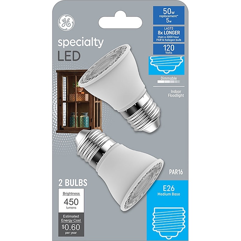 GE Industrial Solutions 29076 LED Bulb, Flood/Spotlight, PAR16 Lamp, 50 W Equivalent, E26 Lamp Base, Dimmable, Clear