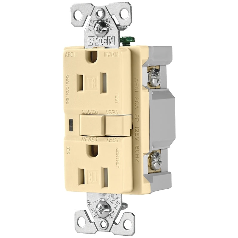 Eaton Wiring Devices TRAFCI15V-K AFCI Receptacle, 2 -Pole, 15 A, 125 V, Back, Side Wiring, NEMA: 5-15R, Ivory
