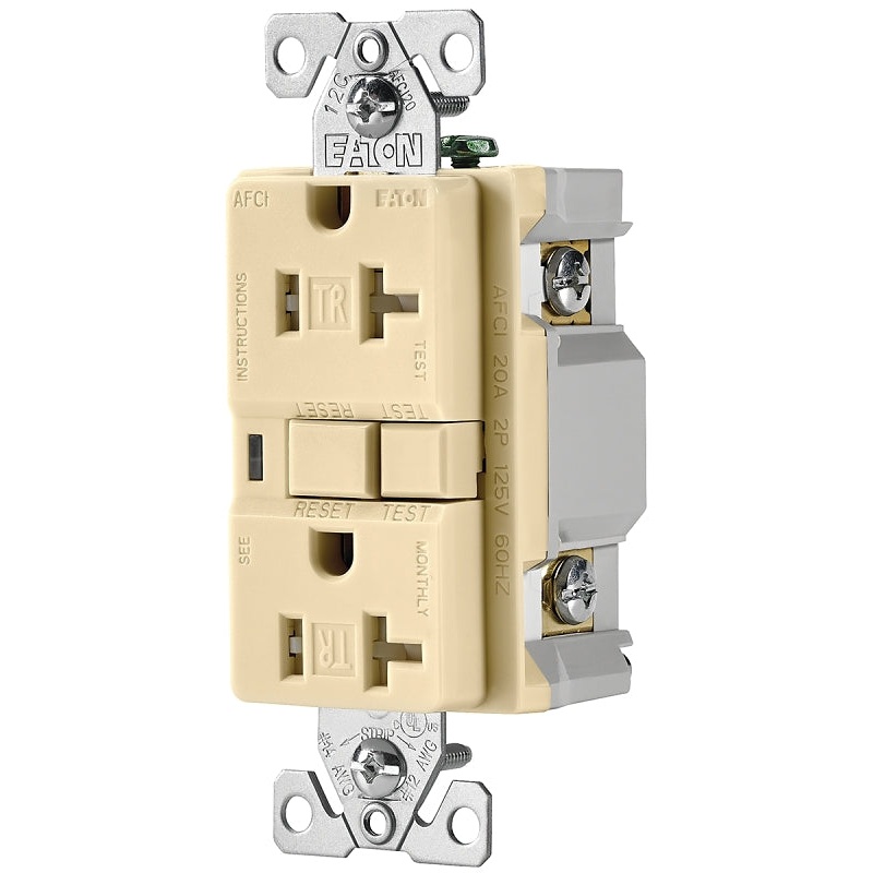 Eaton Wiring Devices TRAFCI20V AFCI Receptacle, 2 -Pole, 20 A, 125 V, Back, Side Wiring, NEMA: 5-20R, Ivory