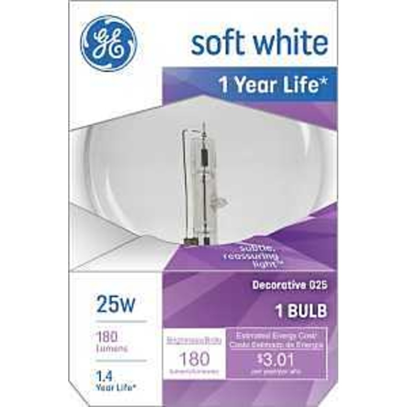 GE 12982 Light Bulb, CC-6 Filament, 3.12 in Dia x 4.5 in L Dimensions, 25 W, G25 Lamp, E26 Medium Lamp Base, 180 Lumens