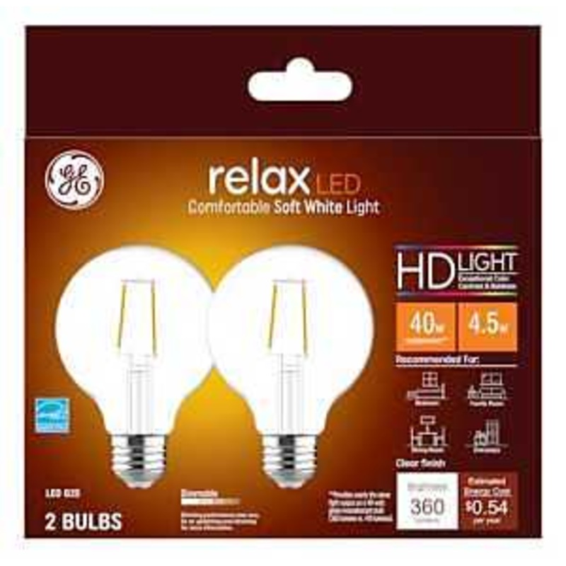 GE 31536 Relax LED Bulb, Globe, G25 Lamp, 40 W Equivalent, E26 Lamp Base, Dimmable, Clear, Soft White Light