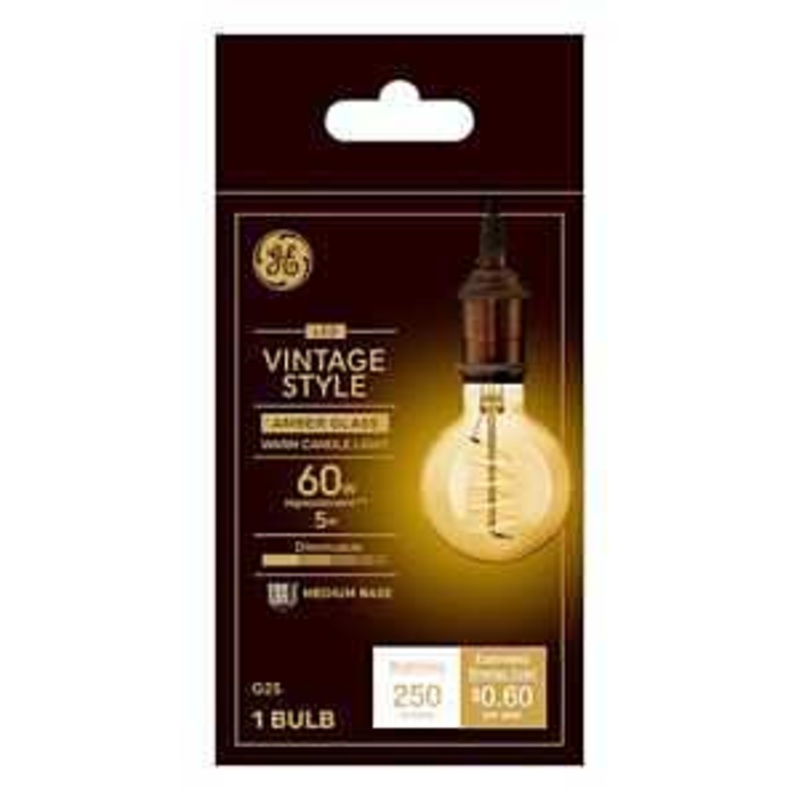 GE 36528 Vintage Light Bulb, G25 Lamp, 60 W Equivalent, E26 (Medium) Lamp Base, Dimmable, Amber, Warm White Light