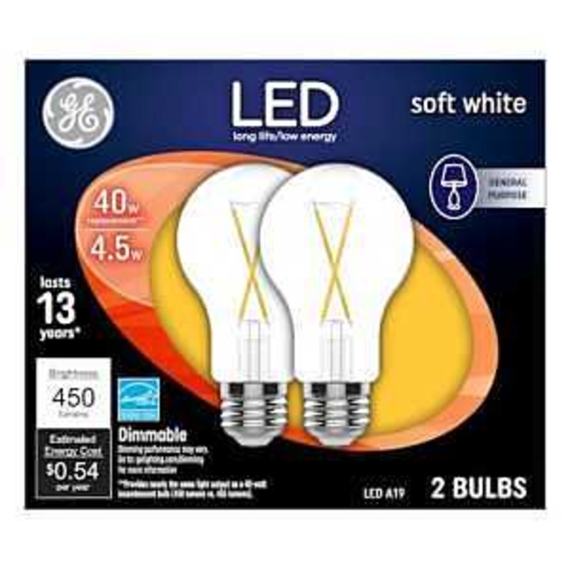 GE 37669 LED Bulb, General Purpose, A19 Lamp, 40 W Equivalent, E26 Lamp Base, Dimmable, Soft White Light