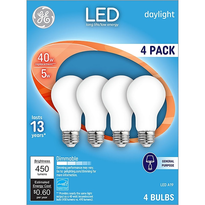 GE 93098312 LED Bulb, General Purpose, A19 Lamp, 40 W Equivalent, E26 Lamp Base, Dimmable, White, Daylight Light