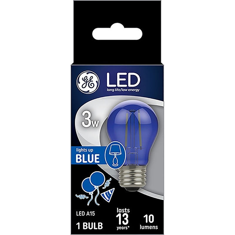 GE 93116857 Party Light Bulb, A15 Bulb, 3 W, Blue Bulb, LED Bulb, 2700 K Color Temp, 100 Lumens