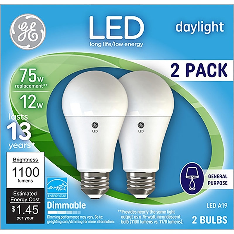 GE 93127670 Light Bulb, General-Purpose, A19 Lamp, 75 W Equivalent, Medium Lamp Base, Dimmable, Daylight