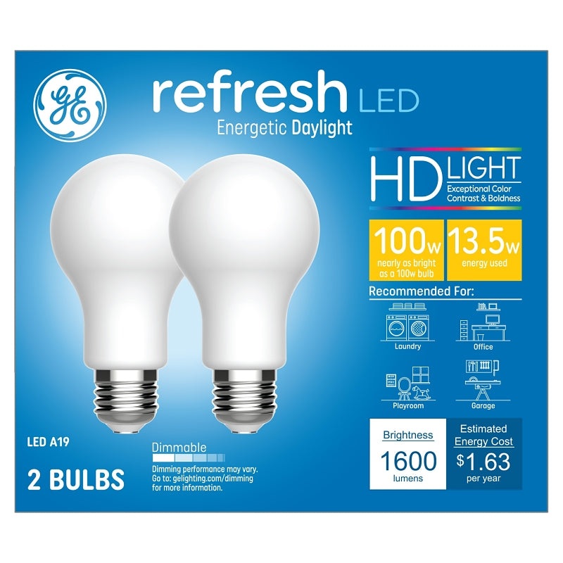 GE 93129808 LED Light Bulb, A19 Lamp, 100 W Equivalent, E26/24 Medium Lamp Base, Dimmable, White, Daylight Light