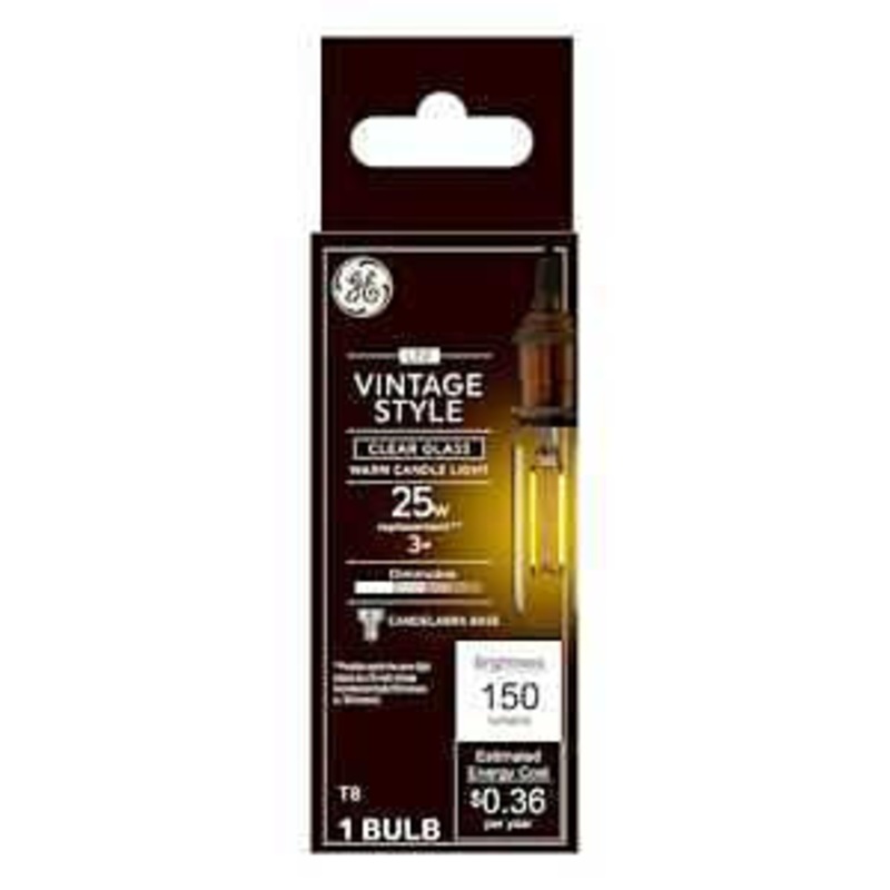 GE 93129849 Light Bulb, Vintage Style, T8 Linear Lamp, 25 W Equivalent, E12 Candelabra Lamp Base, Yes, Clear