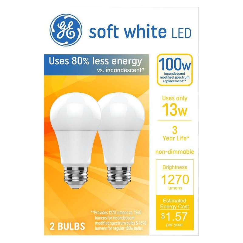 GE 93131322 LED Light Bulb, A19 Lamp, 100 W Equivalent, Medium Lamp Base, Non-Dimmable, Soft White/Warm White