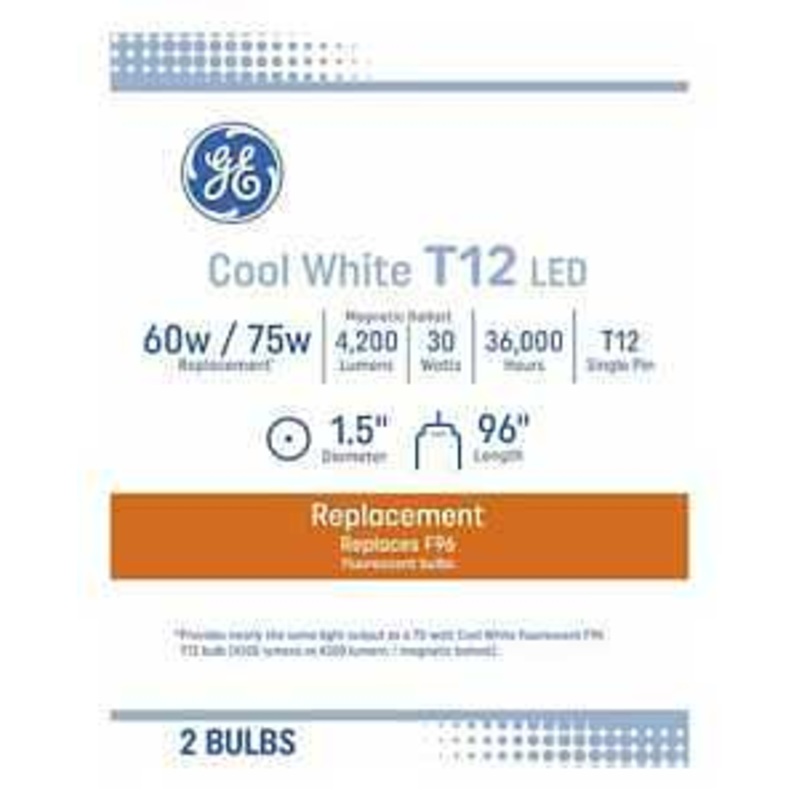 GE 93132046 LED Linear Light Bulb, T12 Lamp, 75 W Equivalent, Single Pin Lamp Base, Cool White, 4000 K Color Temp