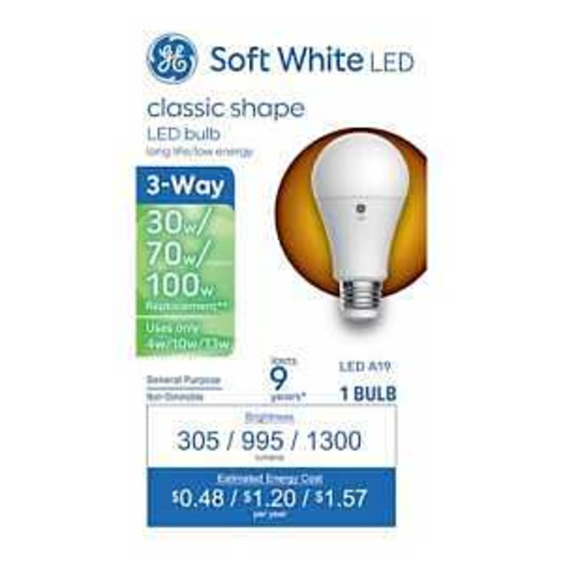 GE Basic Series 93131783 Light Bulb, Three-Way, A19 Lamp, 100 W Equivalent, DC Medium Lamp Base, Frosted, Soft White