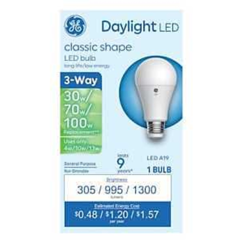 GE Basic Series 93131784 Light Bulb, Three-Way, A19 Lamp, 100 W Equivalent, DC Medium Lamp Base, Frosted, Daylight